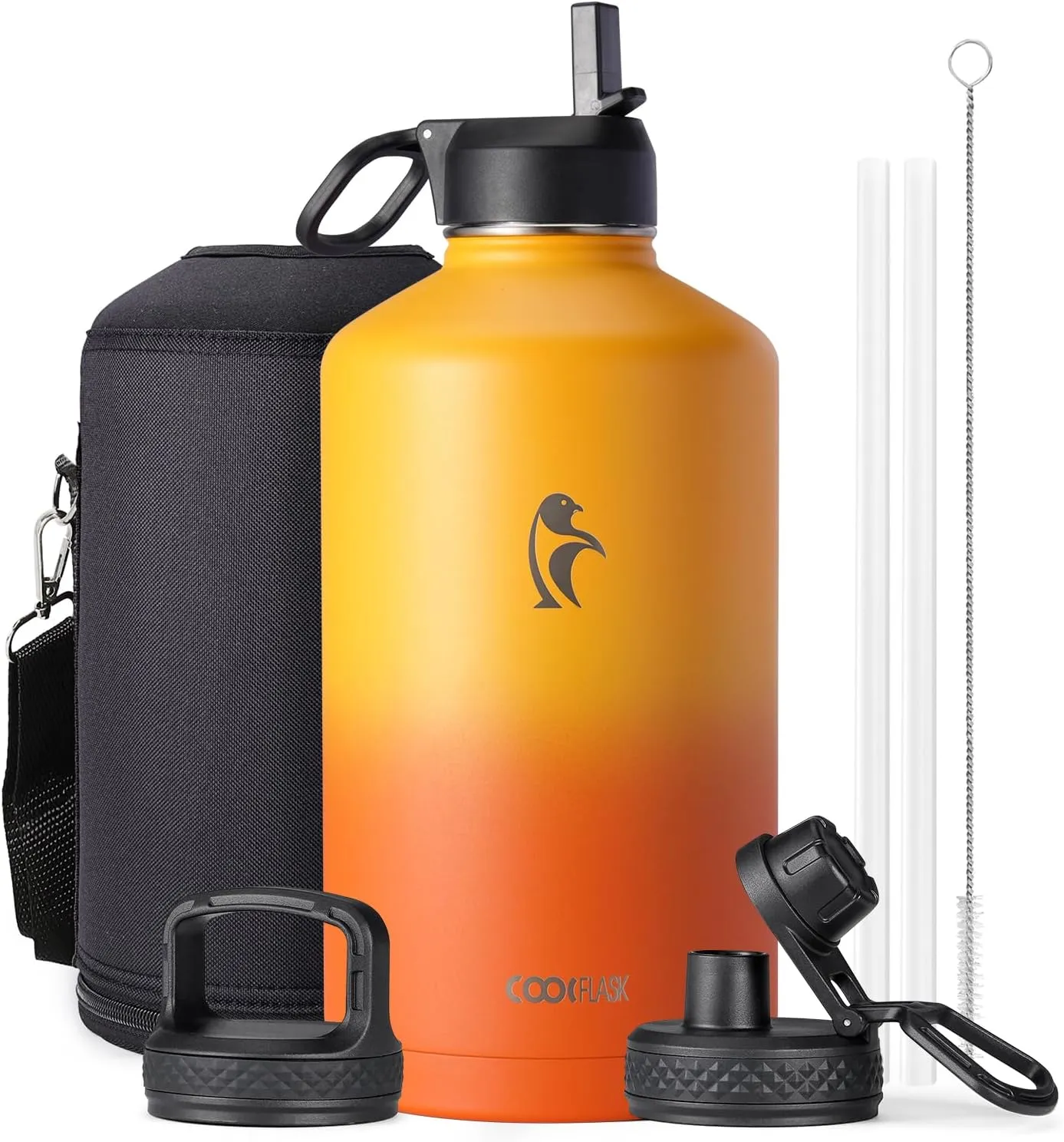 Coolflask 128 oz Gallon Water Bottle Insulated with Straw&3 Lids, Water Jug Large Stainless Steel Metal Vacuum Wide Mouth for Sports, Gym or Office, Non-BPA Keep Cold 48H Hot 24H, Ombre Yellow/Orange