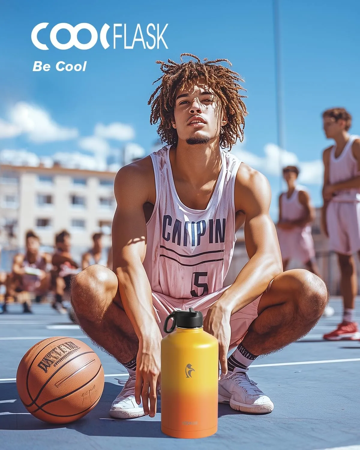 Coolflask 128 oz Gallon Water Bottle Insulated with Straw&3 Lids, Water Jug Large Stainless Steel Metal Vacuum Wide Mouth for Sports, Gym or Office, Non-BPA Keep Cold 48H Hot 24H, Ombre Yellow/Orange