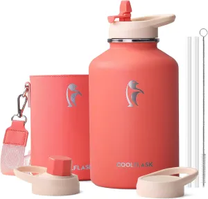 Coolflask 64 oz Water Bottle Insulated with PU Leather Sleeve, Half Gallon Water Bottle Color Contrast with Straw Lids, Stainless Steel Metal Large Water Jug, Keep Cold 48h Hot 24h,Coral Orange