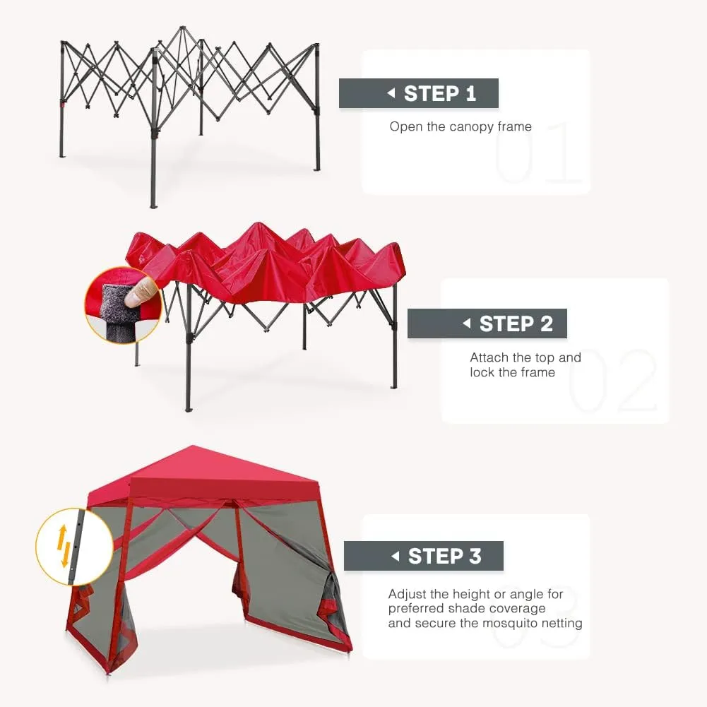 COOS BAY 10x10 Pop Up Canopy Tent with Screen Netting, Slant Leg, Instant Folding Shelter, 64 Sq Ft Shade, One Person Set up, Red