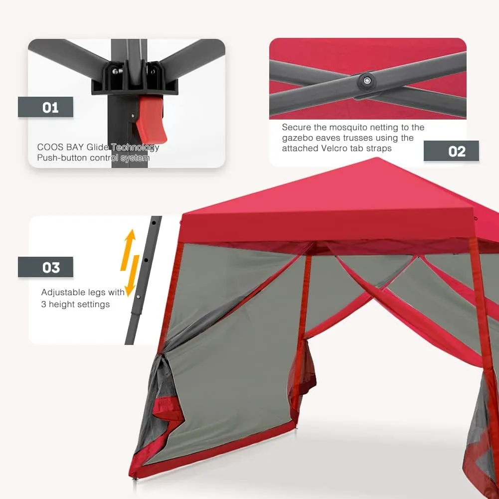 COOS BAY 10x10 Pop Up Canopy Tent with Screen Netting, Slant Leg, Instant Folding Shelter, 64 Sq Ft Shade, One Person Set up, Red