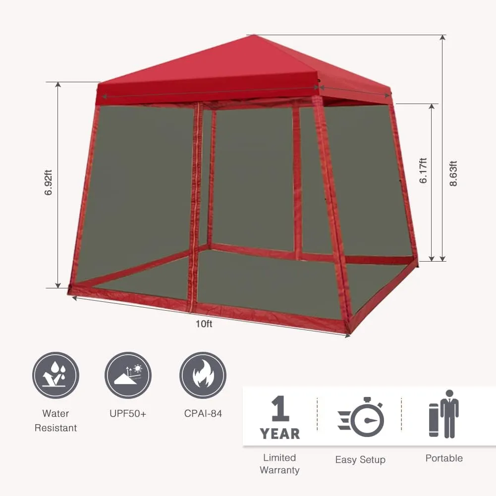 COOS BAY 10x10 Pop Up Canopy Tent with Screen Netting, Slant Leg, Instant Folding Shelter, 64 Sq Ft Shade, One Person Set up, Red