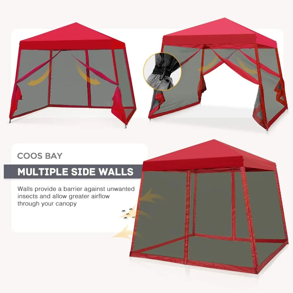 COOS BAY 10x10 Pop Up Canopy Tent with Screen Netting, Slant Leg, Instant Folding Shelter, 64 Sq Ft Shade, One Person Set up, Red