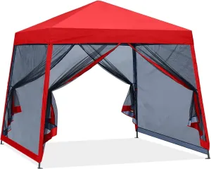 COOS BAY 10x10 Pop Up Canopy Tent with Screen Netting, Slant Leg, Instant Folding Shelter, 64 Sq Ft Shade, One Person Set up, Red
