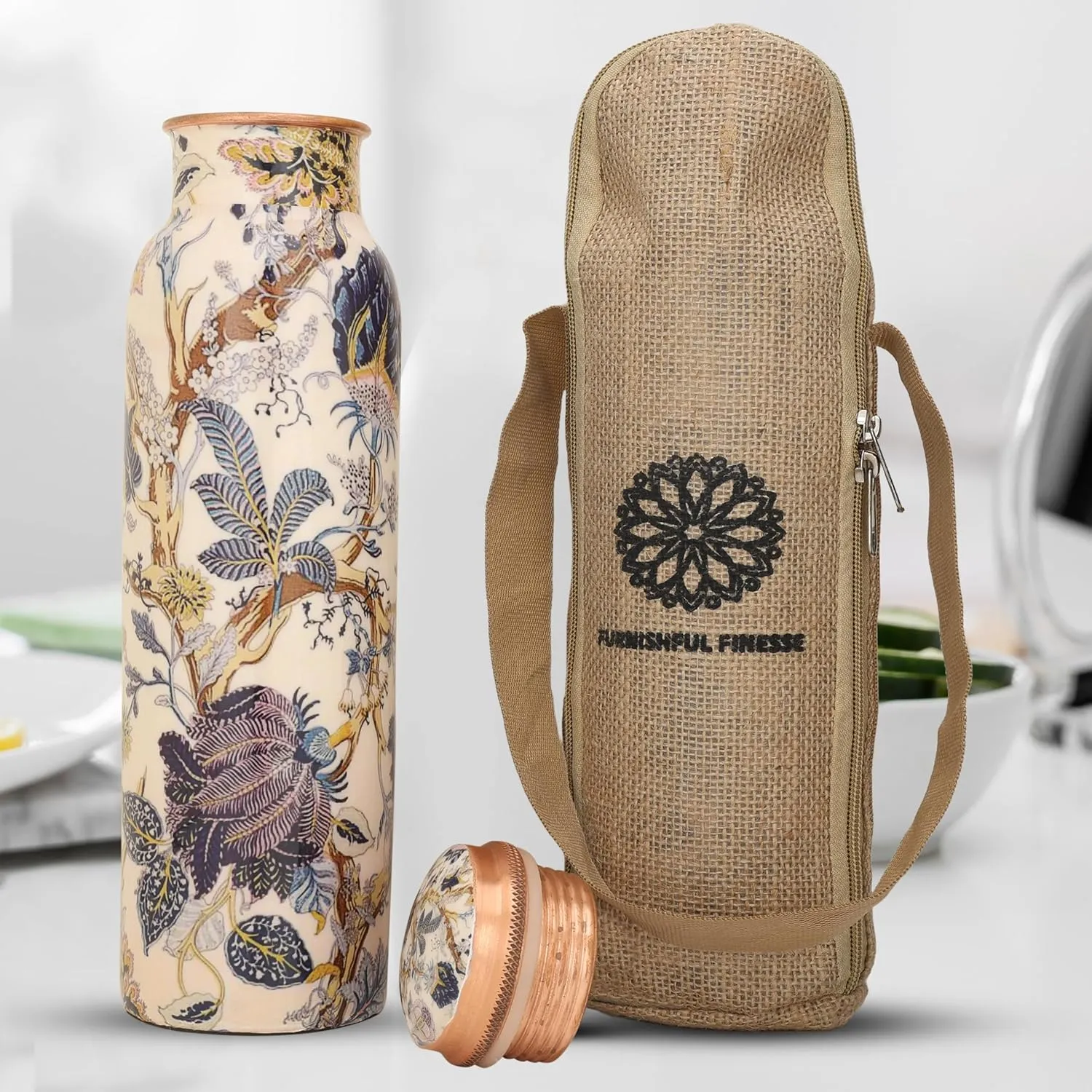 Copper Vessel 1000 ml With Carrying Bag - Pure Copper Bottle for Sports, Yoga, Gym, Office, Hiking (White)
