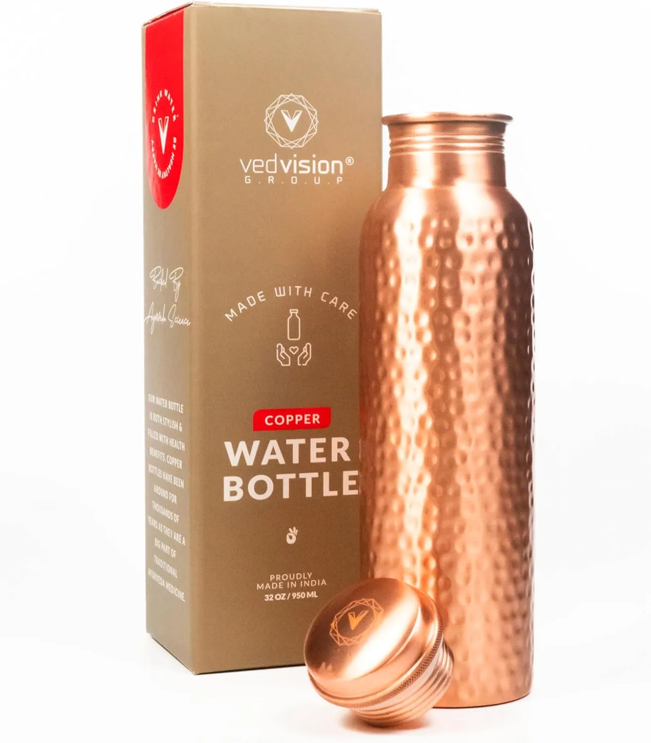 Copper Water Bottle - 32 Oz Pure Copper Water Bottle for Drinking Hammered Finish Design - Leak-Proof, Travel-Friendly, Wide Mouth