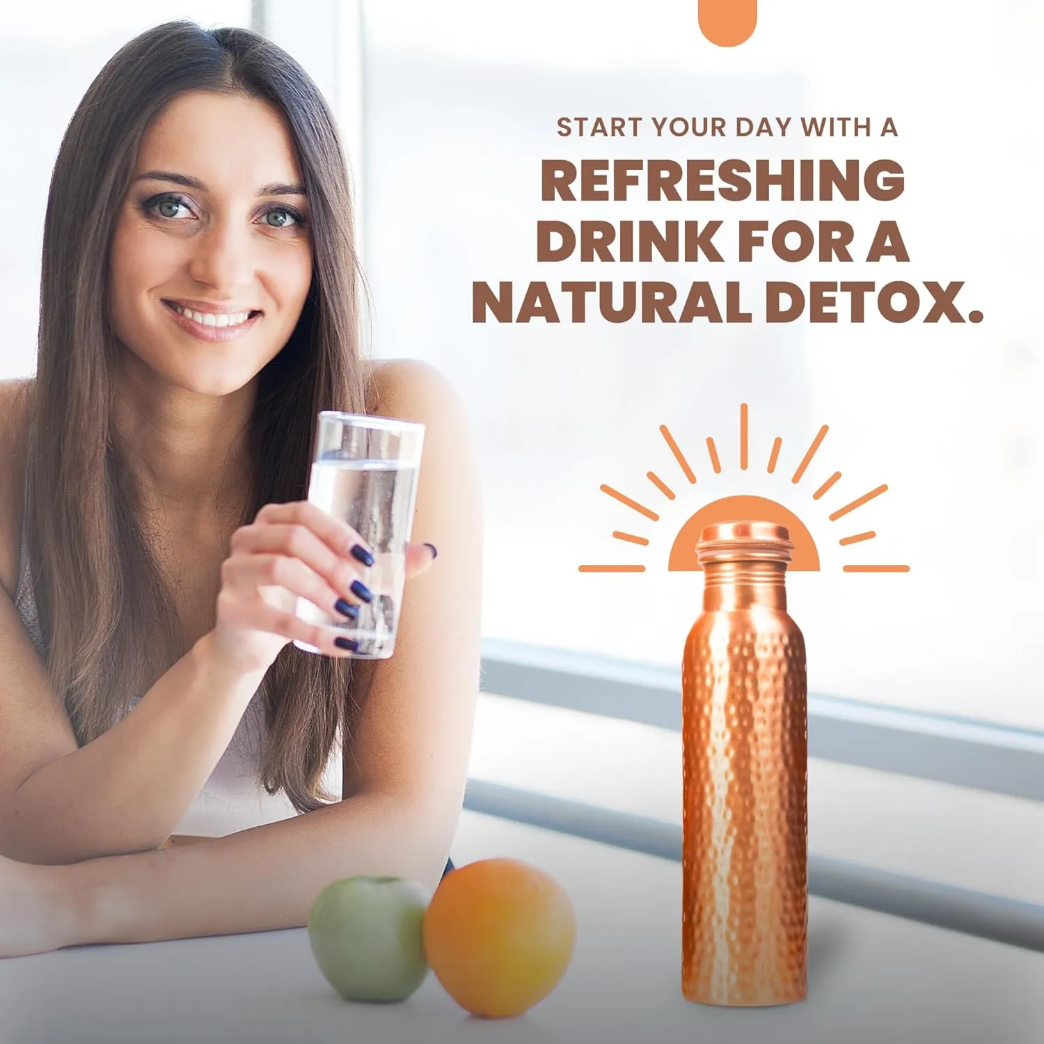 Copper Water Bottle - 32 Oz Pure Copper Water Bottle for Drinking Hammered Finish Design - Leak-Proof, Travel-Friendly, Wide Mouth