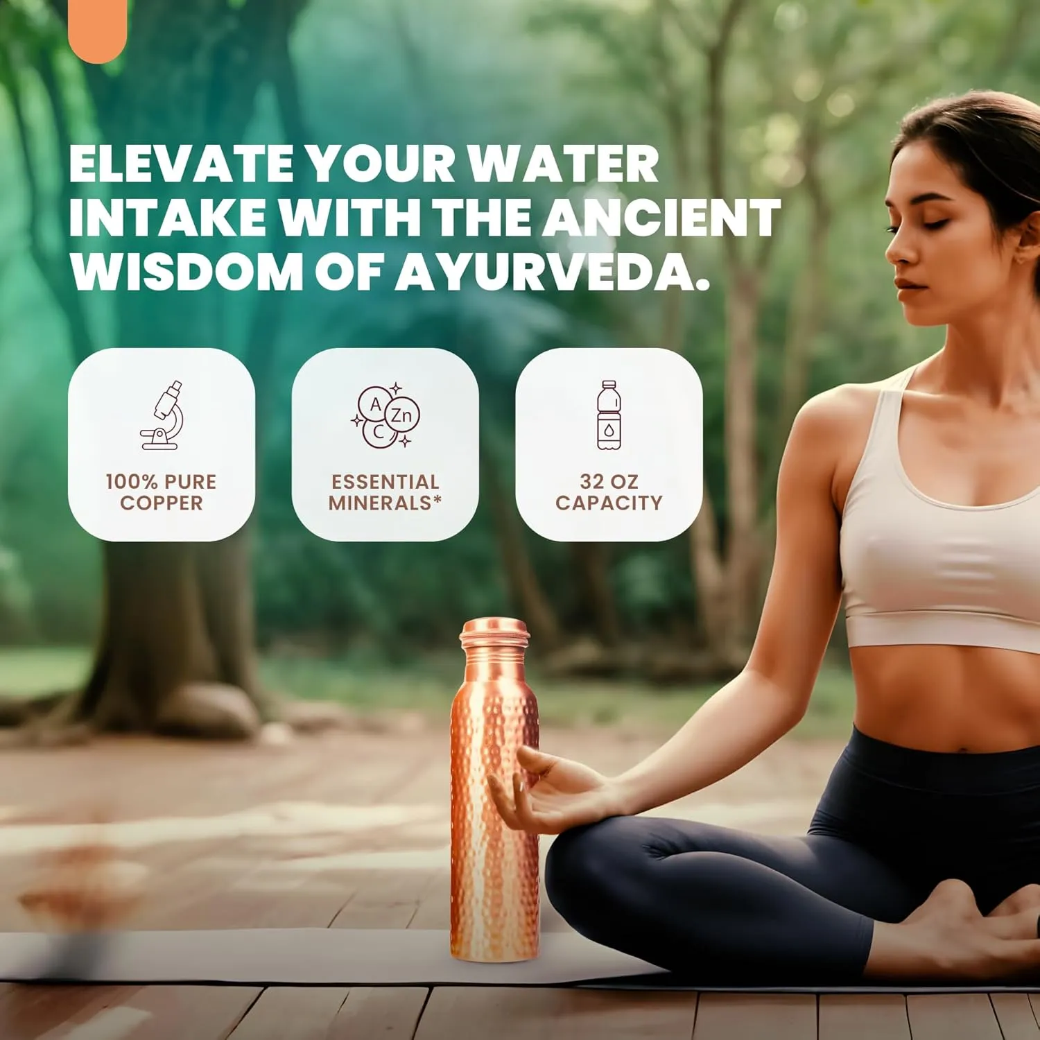 Copper Water Bottle - 32 Oz Pure Copper Water Bottle for Drinking Hammered Finish Design - Leak-Proof, Travel-Friendly, Wide Mouth