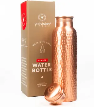 Copper Water Bottle - 32 Oz Pure Copper Water Bottle for Drinking Hammered Finish Design - Leak-Proof, Travel-Friendly, Wide Mouth