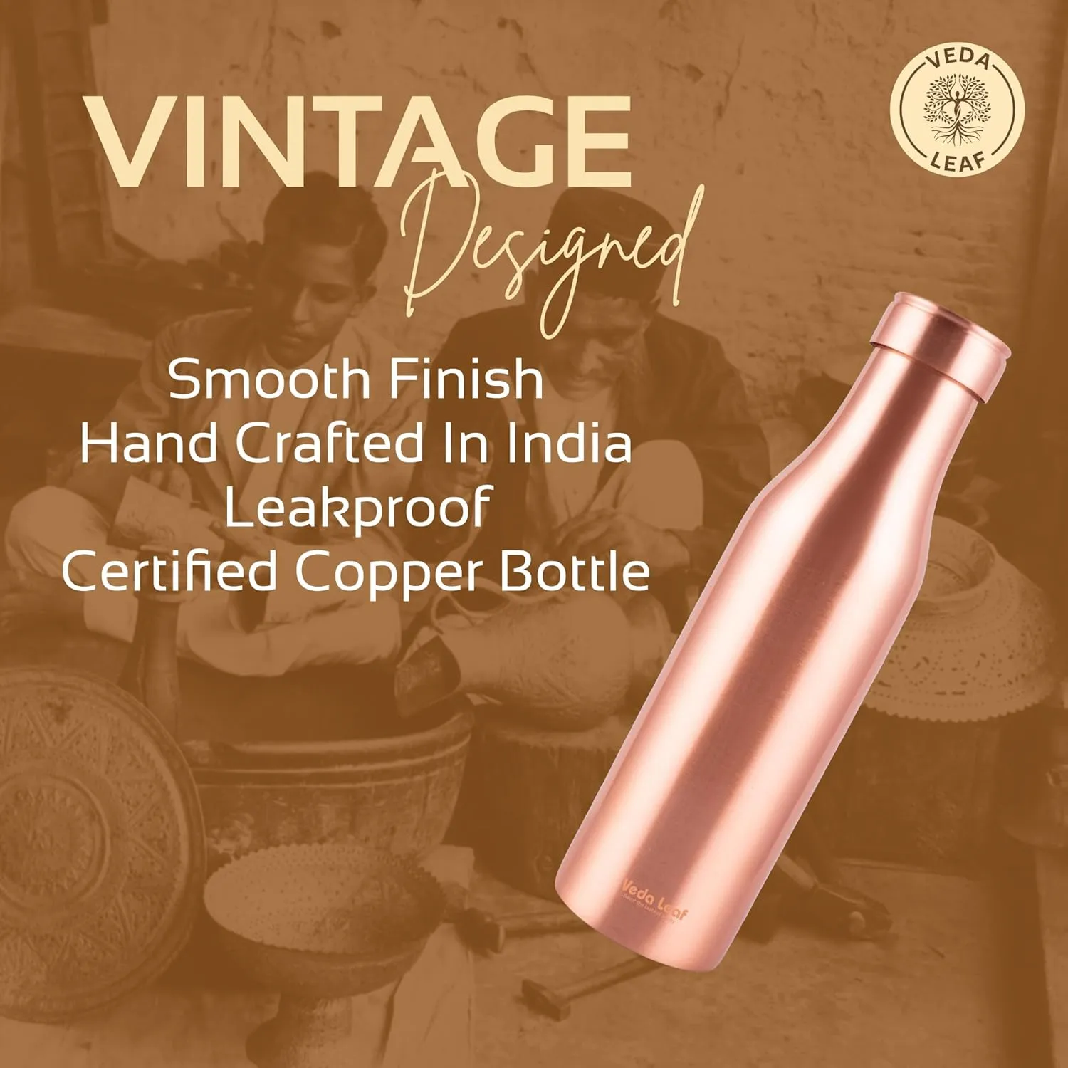 Copper Water Bottle, 950 ML (32.5 Oz), Vintage Smooth Finish,Handcrafted Ayurvedic Copper Water Bottle, Certified Pure Copper Water Bottle Vessel, Large (4-8 cups)
