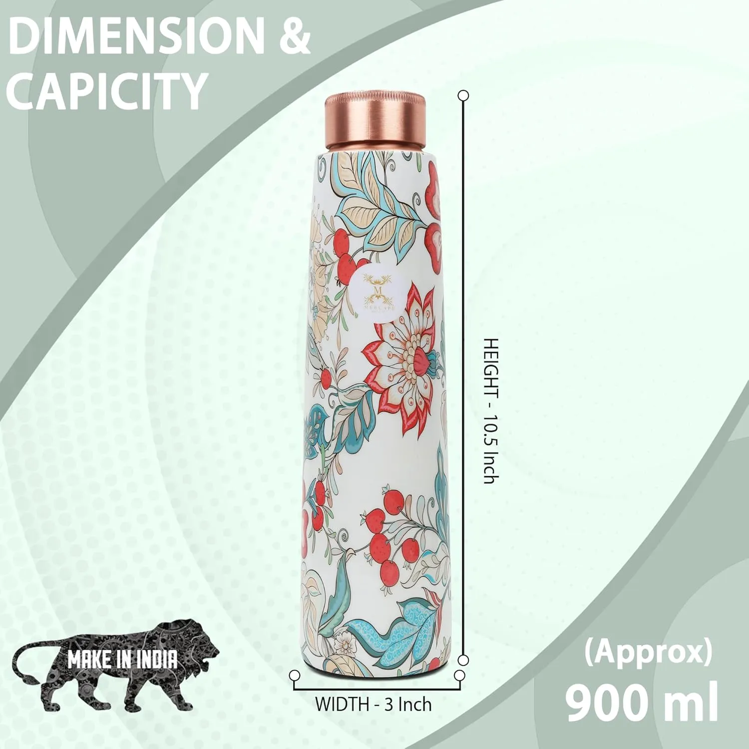 Copper Water Bottle A Handmade Ayurvedic Enameled Print Pure Copper Water Bottle For Drinking - Increase Your Water Consumption, and Experience Immediate Health Benefits 900ml