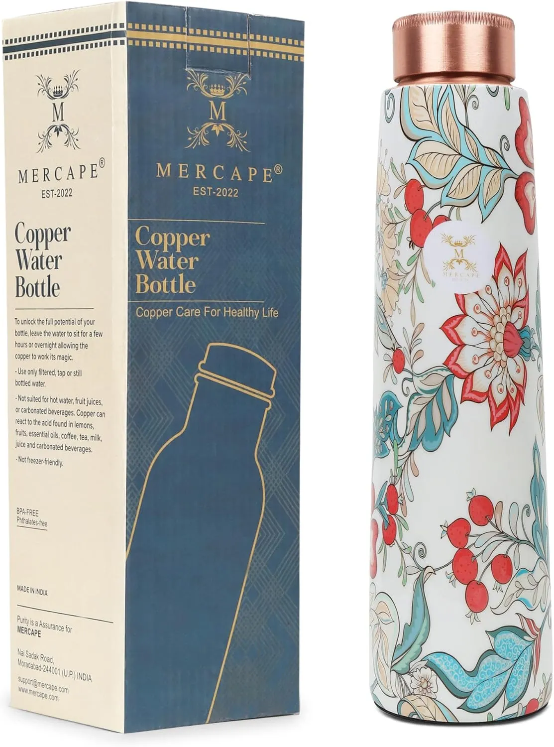 Copper Water Bottle A Handmade Ayurvedic Enameled Print Pure Copper Water Bottle For Drinking - Increase Your Water Consumption, and Experience Immediate Health Benefits 900ml