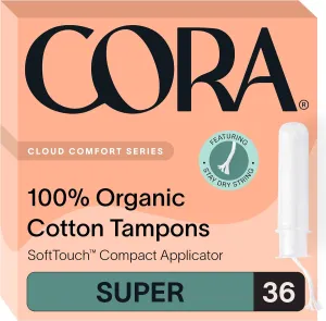 Cora Organic Applicator Tampons | Super Absorbency | 100% Organic Cotton, Unscented, BPA-Free Compact Applicator | Leak Protection, Easy Insertion | Packaging May Vary | 36 Total