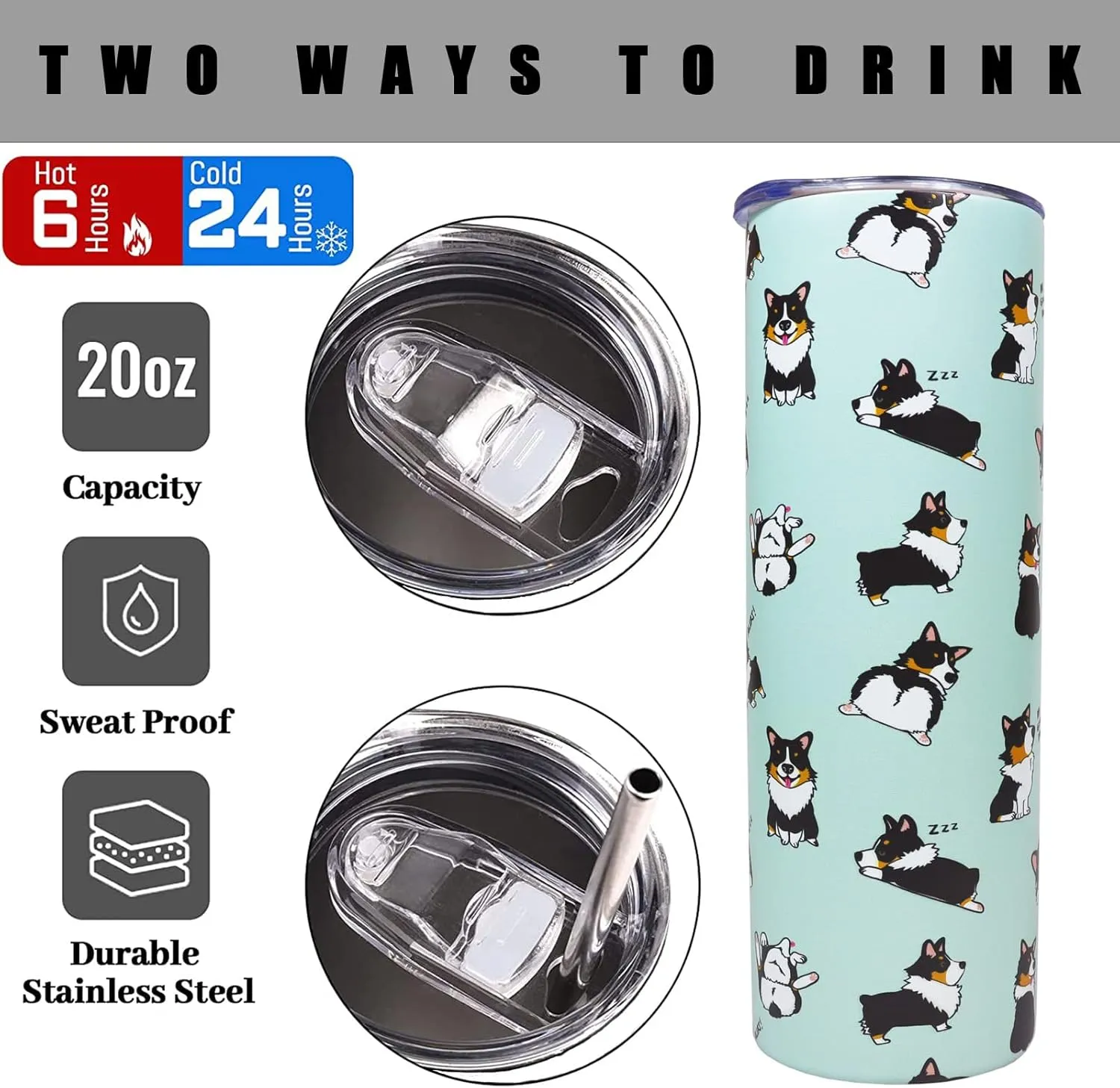 Corgi Tumbler With Lid and Straw - 20 oz Insulated Stainless Steel Dog Tumbler - Travel Mug and Wine Cups - Corgi Gifts