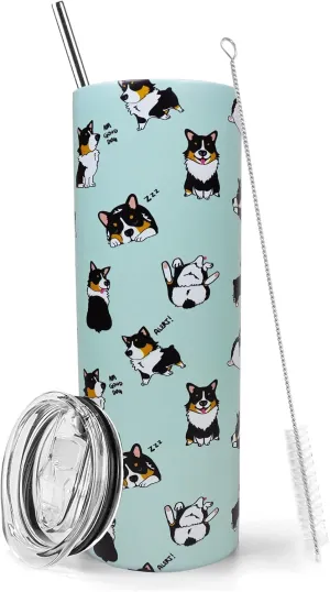 Corgi Tumbler With Lid and Straw - 20 oz Insulated Stainless Steel Dog Tumbler - Travel Mug and Wine Cups - Corgi Gifts