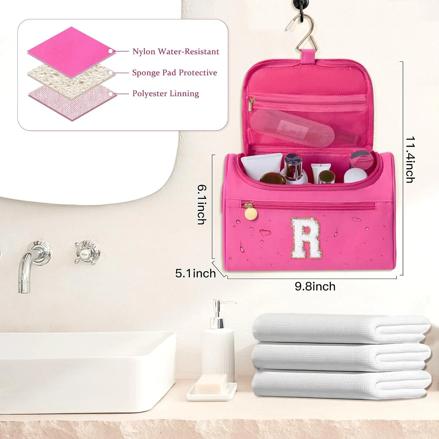 COSHAYSOO Thoughtful New Mom Gifts for Women First Time Mothers Day Present Self Care Spa Gifts Travel Toiletry Weekender Bag, Initial Traveling Toiletries Skin Care Items Organizer Hot Pink Letter R