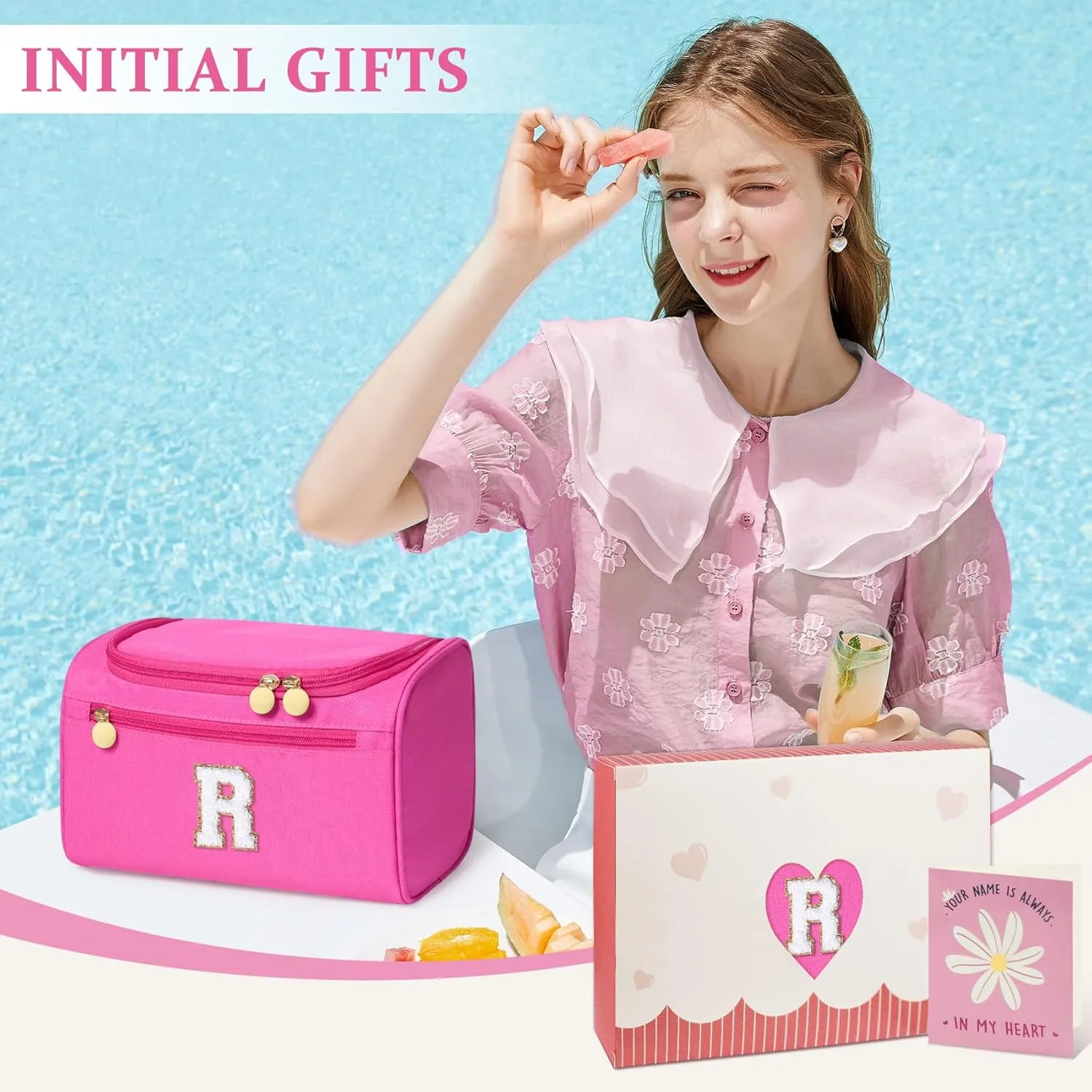 COSHAYSOO Thoughtful New Mom Gifts for Women First Time Mothers Day Present Self Care Spa Gifts Travel Toiletry Weekender Bag, Initial Traveling Toiletries Skin Care Items Organizer Hot Pink Letter R