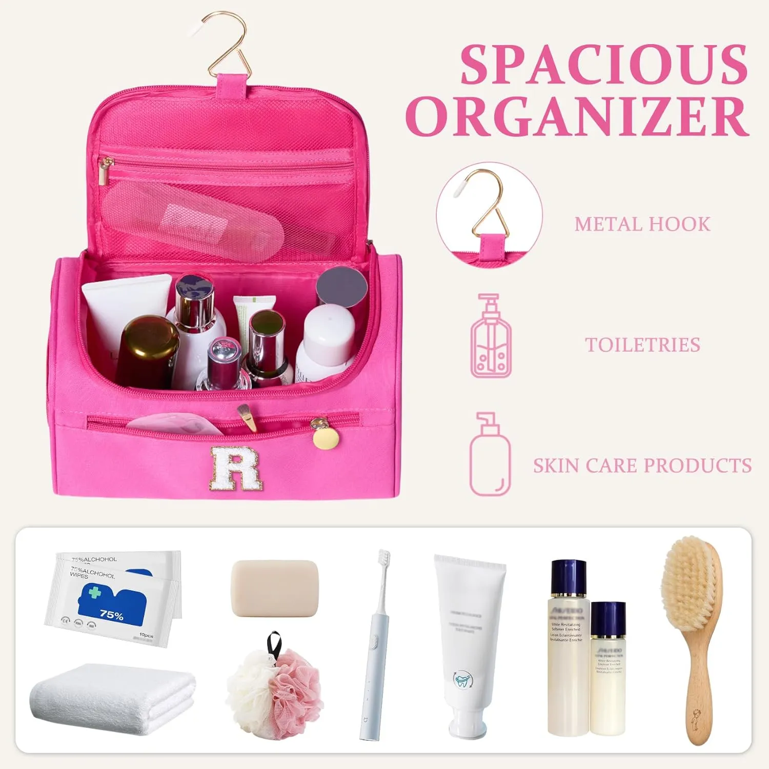 COSHAYSOO Thoughtful New Mom Gifts for Women First Time Mothers Day Present Self Care Spa Gifts Travel Toiletry Weekender Bag, Initial Traveling Toiletries Skin Care Items Organizer Hot Pink Letter R