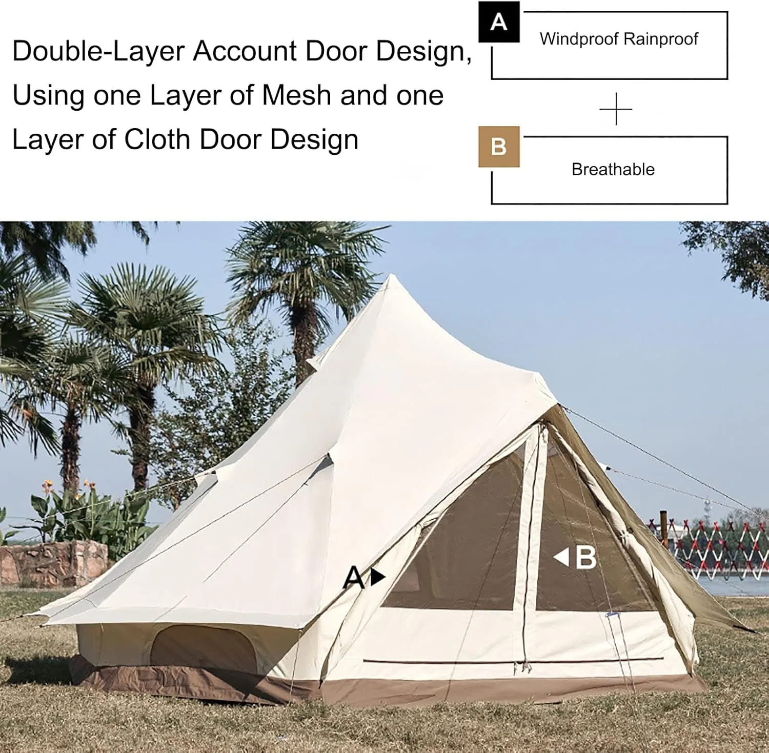 Cotton Canvas Family Camping Tent, Camping Tent for 3-4 People Automatic 60s Large Space Tower, Bell Shaped Teepee Tent, Waterproof Teepee Pyramid Tent