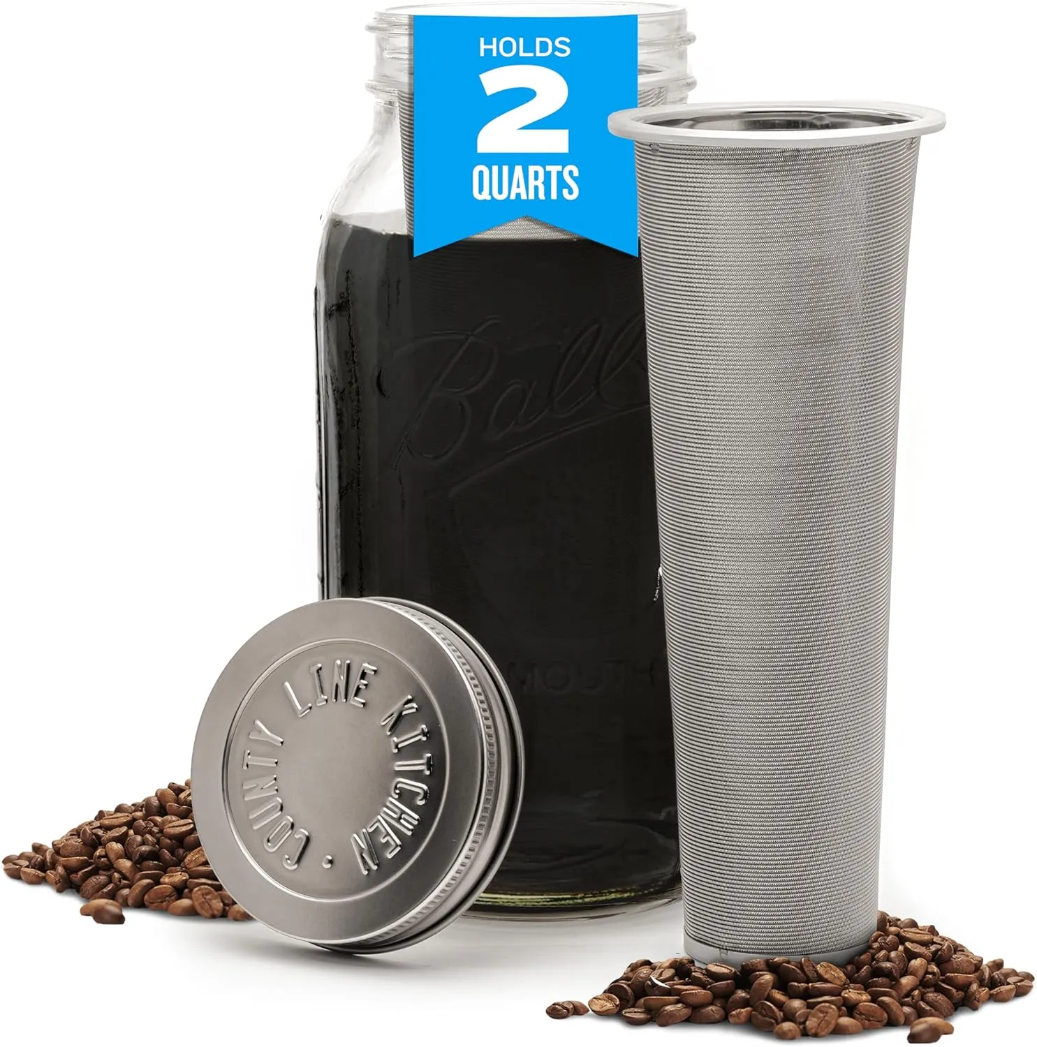 County Line Kitchen Glass Cold Brew Coffee Maker with Lid - Wide Mouth, 2 Quart (64 oz) - Heavy Duty, Leak Proof - Sun & Iced Tea Pitcher, Cold Brew Coffee, Breast Milk Storage, Water - Silver