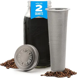 County Line Kitchen Glass Cold Brew Coffee Maker with Lid - Wide Mouth, 2 Quart (64 oz) - Heavy Duty, Leak Proof - Sun & Iced Tea Pitcher, Cold Brew Coffee, Breast Milk Storage, Water - Silver