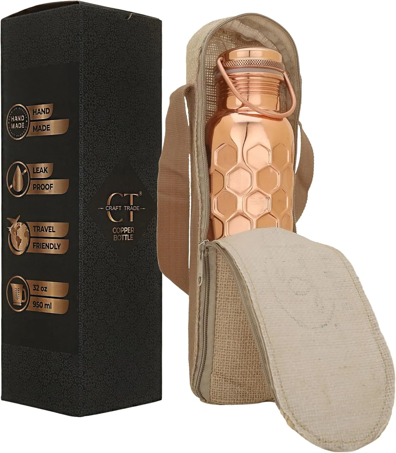 Craft Trade Pack of 2 Hammered Pure Copper Bottle with Lid and Carry Bag for Drinking Water BPA Free Leak Proof Supports Digestive & Liver Health, Ayurveda Inspired 34oz - 1 Litre Natural