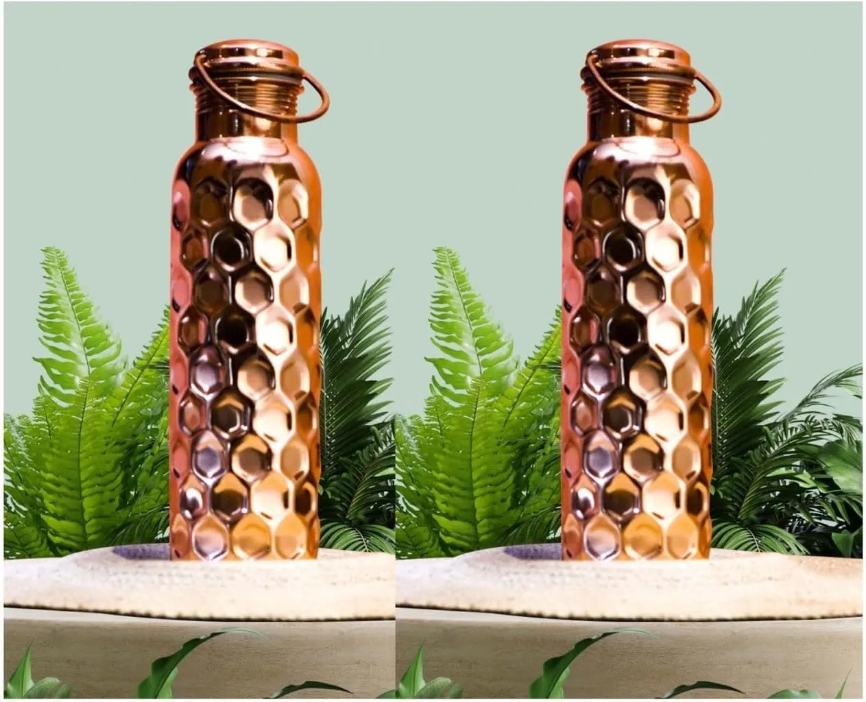 Craft Trade Pack of 2 Hammered Pure Copper Bottle with Lid and Carry Bag for Drinking Water BPA Free Leak Proof Supports Digestive & Liver Health, Ayurveda Inspired 34oz - 1 Litre Natural