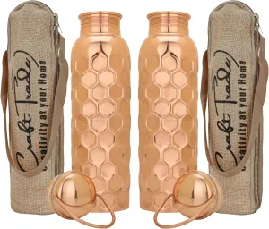Craft Trade Pack of 2 Hammered Pure Copper Bottle with Lid and Carry Bag for Drinking Water BPA Free Leak Proof Supports Digestive & Liver Health, Ayurveda Inspired 34oz - 1 Litre Natural