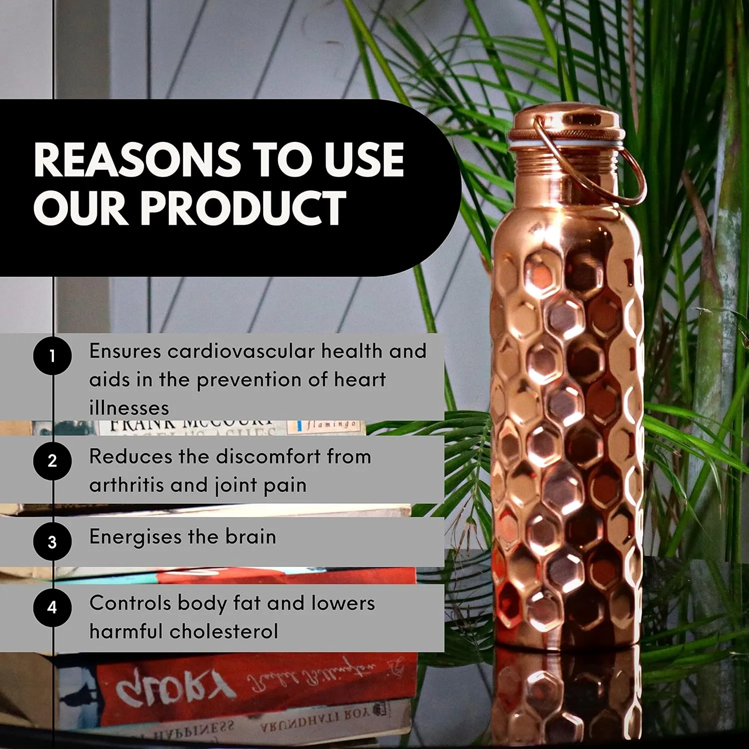 Craft Trade Pack of 2 Hammered Pure Copper Bottle with Lid and Carry Bag for Drinking Water BPA Free Leak Proof Supports Digestive & Liver Health, Ayurveda Inspired 34oz - 1 Litre Natural
