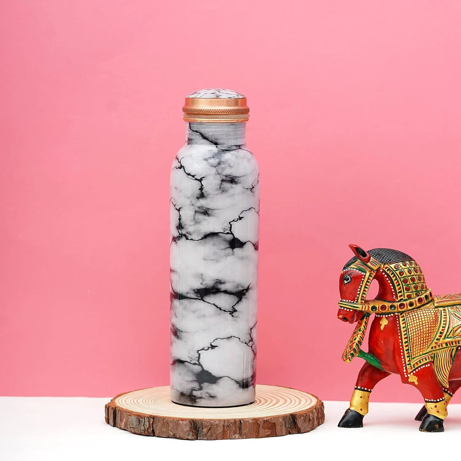Craft Trade Printed Pure Copper Bottle with Lid and Carry Bag for Drinking Water BPA Free Leak Proof Boosts Immunity, Supports Digestive & Ayurveda Inspired 34oz - 1 Litre White