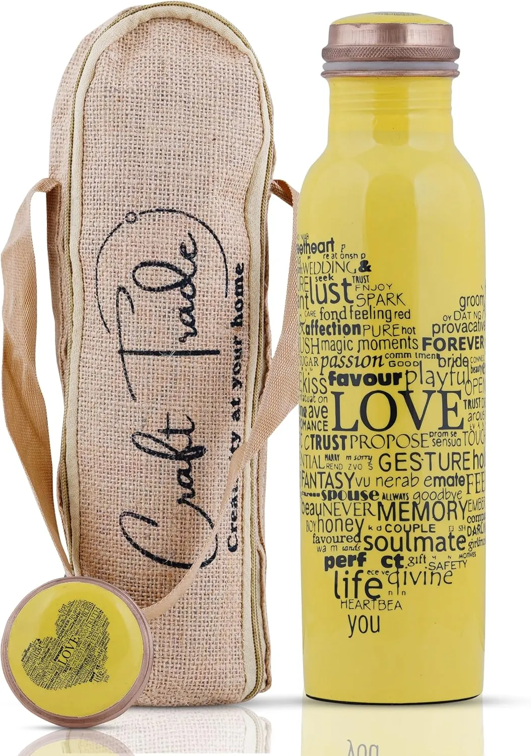 Craft Trade Printed Pure Copper Bottle with Lid and Carry Bag for Drinking Water BPA Free Leak Proof Boosts Immunity, Supports Digestive & Ayurveda Inspired 34oz - 1 Litre Yellow