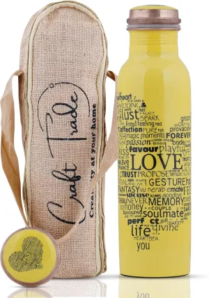Craft Trade Printed Pure Copper Bottle with Lid and Carry Bag for Drinking Water BPA Free Leak Proof Boosts Immunity, Supports Digestive & Ayurveda Inspired 34oz - 1 Litre Yellow