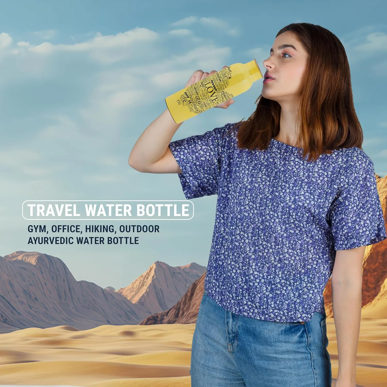 Craft Trade Printed Pure Copper Bottle with Lid and Carry Bag for Drinking Water BPA Free Leak Proof Boosts Immunity, Supports Digestive & Ayurveda Inspired 34oz - 1 Litre Yellow