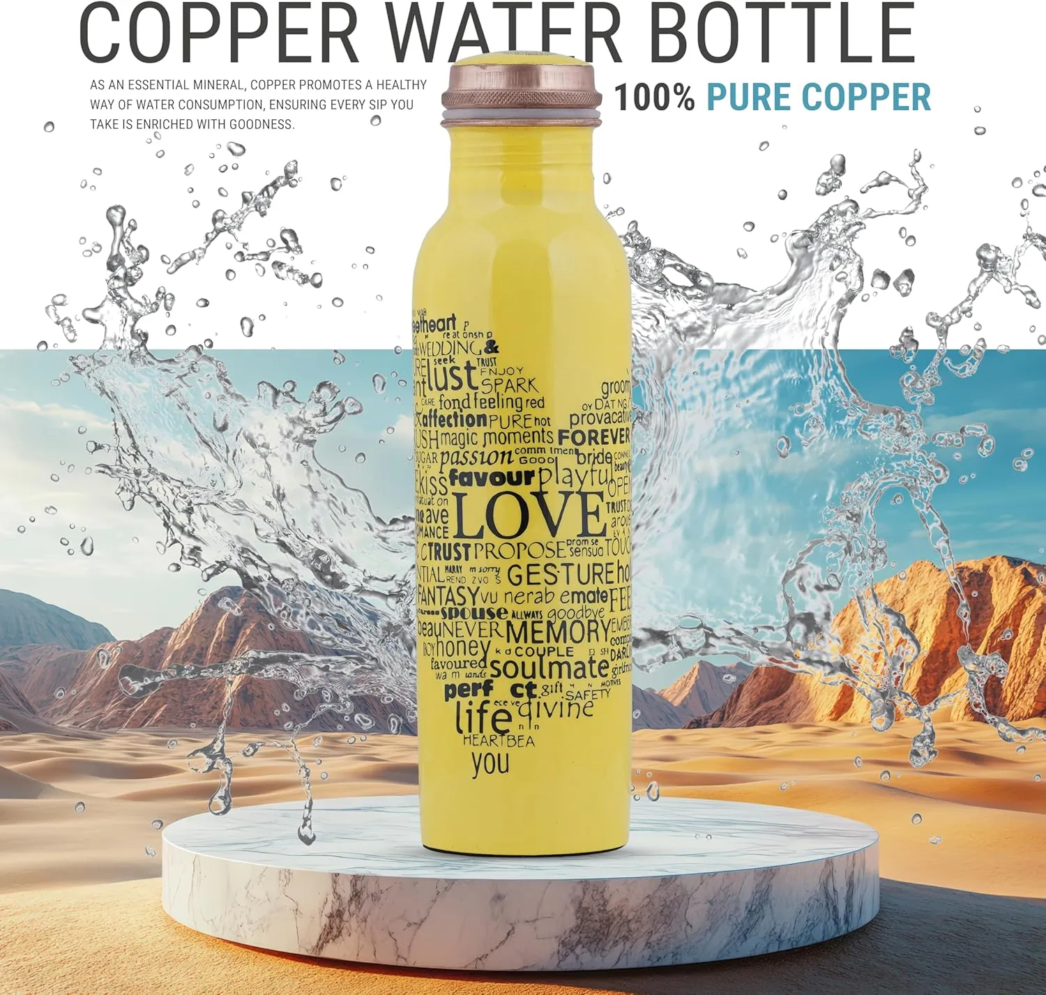 Craft Trade Printed Pure Copper Bottle with Lid and Carry Bag for Drinking Water BPA Free Leak Proof Boosts Immunity, Supports Digestive & Ayurveda Inspired 34oz - 1 Litre Yellow