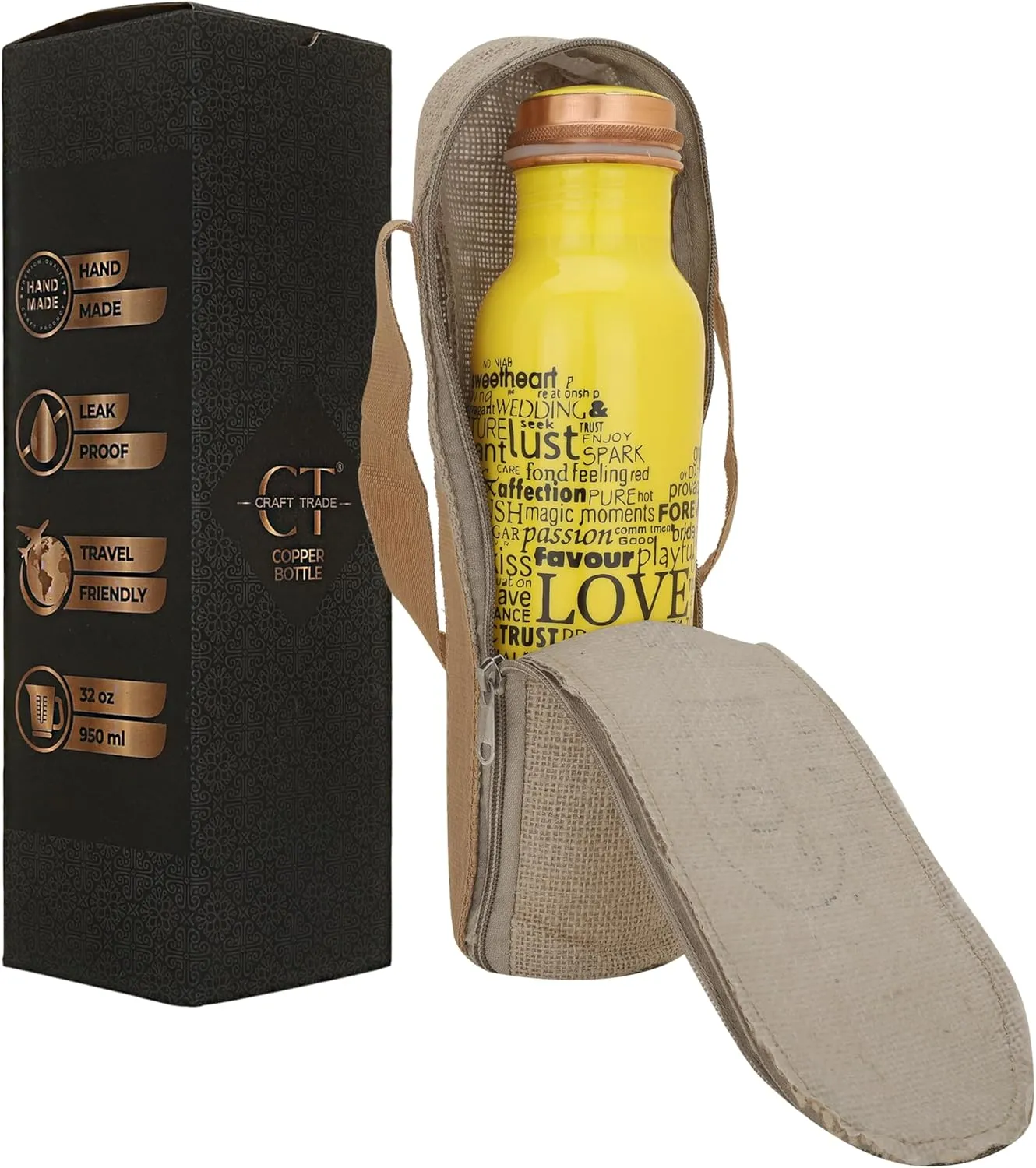 Craft Trade Printed Pure Copper Bottle with Lid and Carry Bag for Drinking Water BPA Free Leak Proof Boosts Immunity, Supports Digestive & Ayurveda Inspired 34oz - 1 Litre Yellow