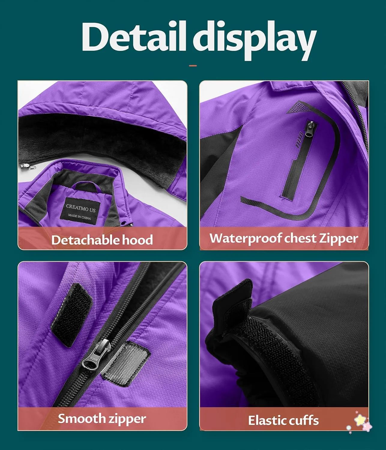CREATMO US Girl's Waterproof Ski Jacket Warm Winter Snow Coat Windproof Snowboarding Rain Jacket