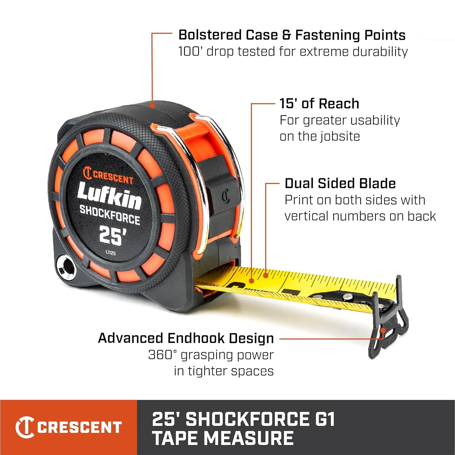 Crescent Lufkin 1-3/16" x 25' Shockforce G1 Dual Sided Tape Measure - L1125