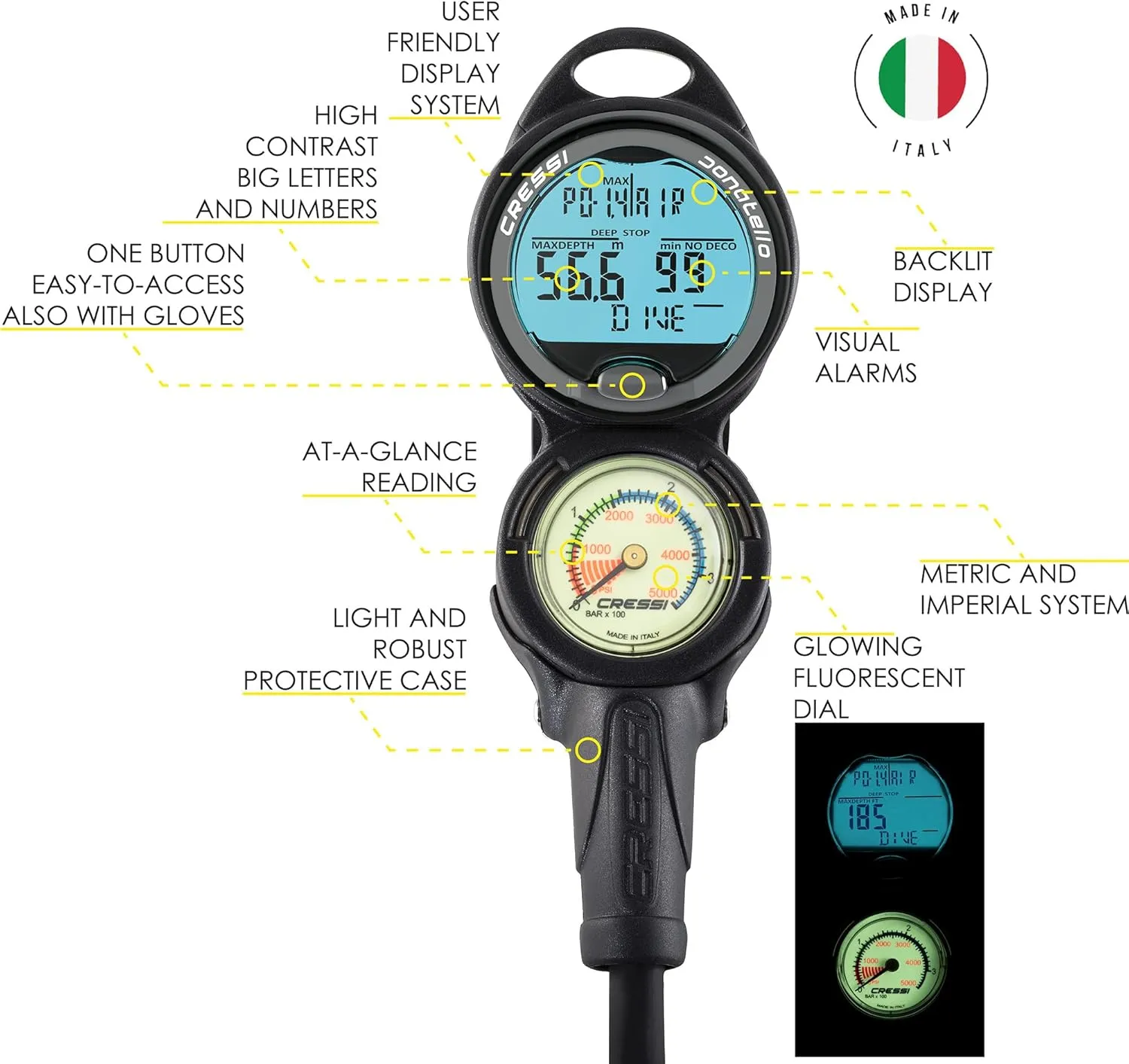 Cressi Aquaride Adult Scuba Package for Any Skill Level - MC9/Compact Regulator - Octopus Compact - Donatello Dive Computer Gauge Console - Regulator Bag - Italian Design