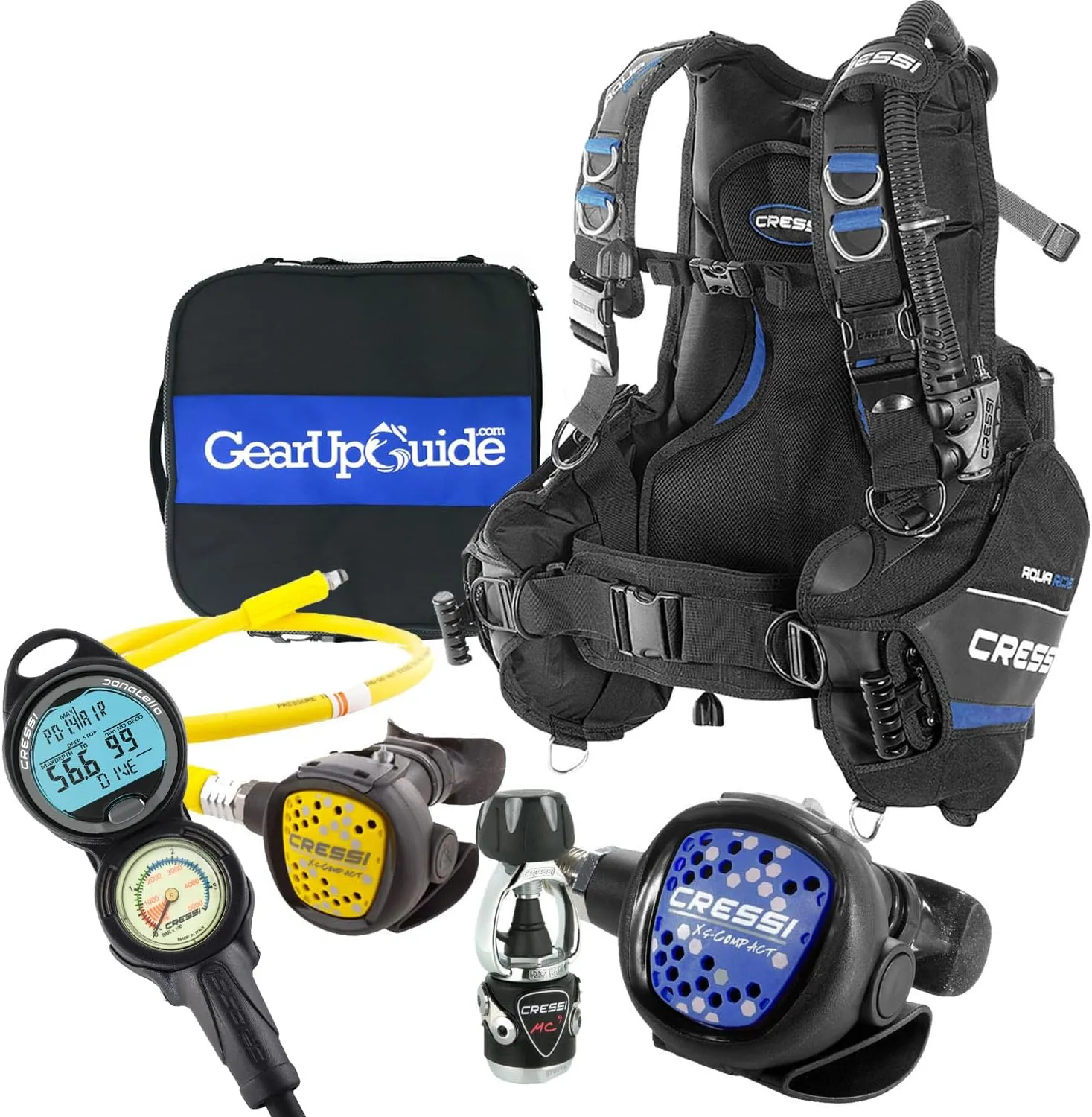 Cressi Aquaride Adult Scuba Package for Any Skill Level - MC9/Compact Regulator - Octopus Compact - Donatello Dive Computer Gauge Console - Regulator Bag - Italian Design