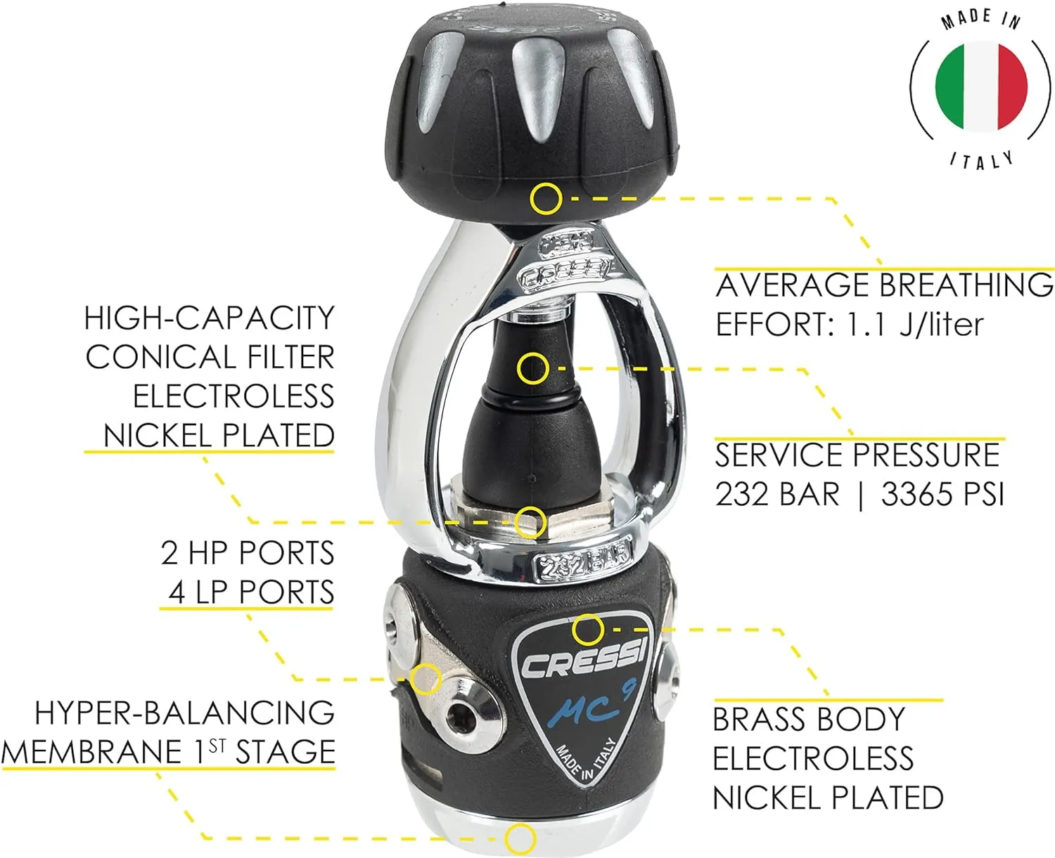 Cressi Aquaride Adult Scuba Package for Any Skill Level - MC9/Compact Regulator - Octopus Compact - Donatello Dive Computer Gauge Console - Regulator Bag - Italian Design