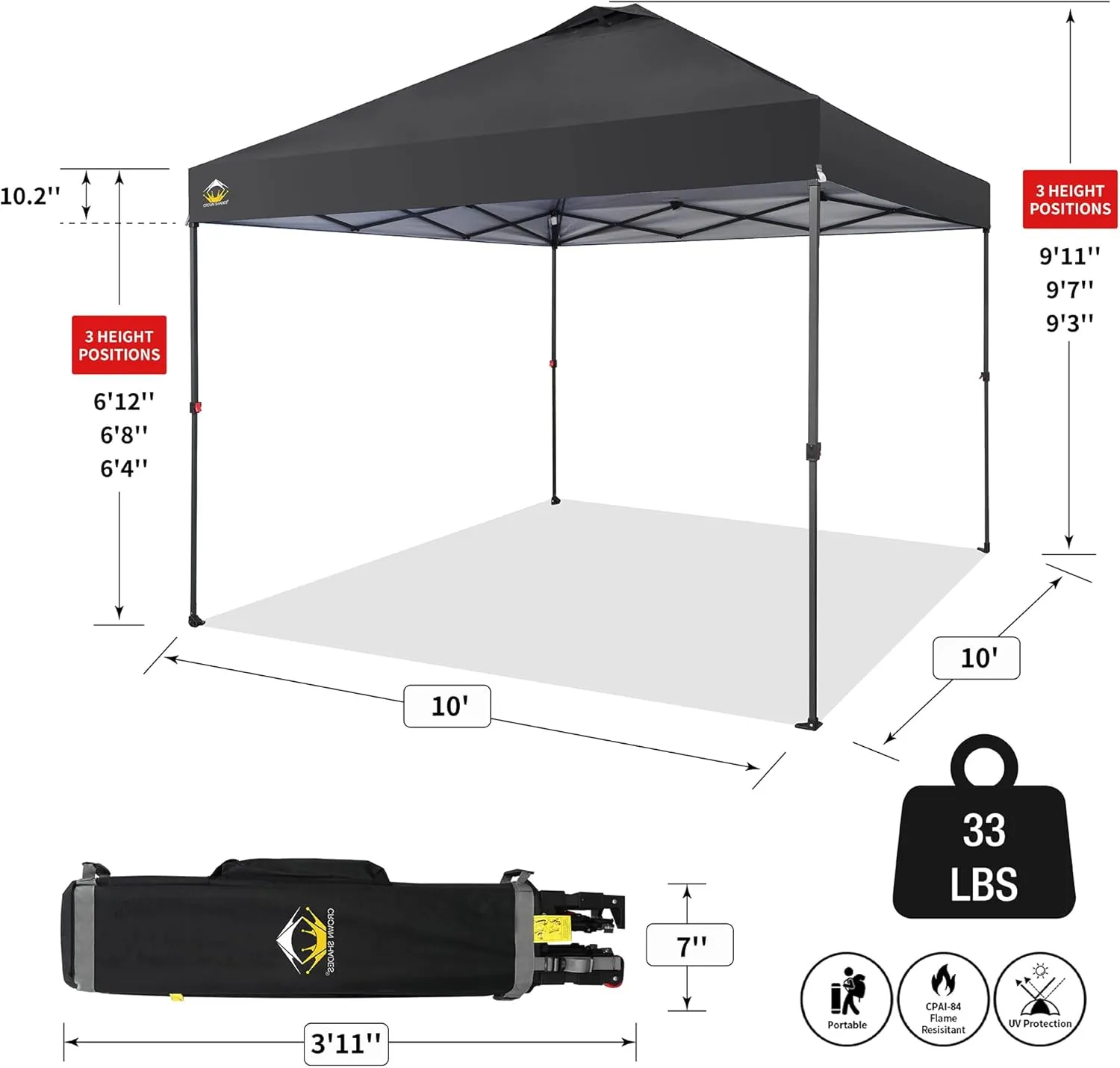 CROWN SHADES 10x10 Pop Up Canopy Tent - Patented Center Lock One Push Instant Outdoor Canopy Beach Tent with STO-N-Go Bag 8 Stakes & 4 Sand Bags，Black