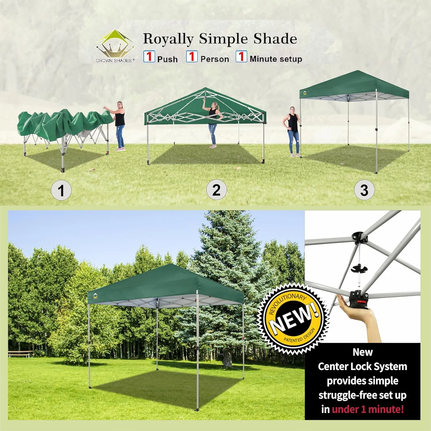CROWN SHADES 8x8 Pop Up Canopy - Beach Tent with One Push Setup - Easy Outdoor Sun Shade for Events, Parties, Camping - Gazebo with STO-N-Go Cover Bag, Silver Coated Top, Forest Green