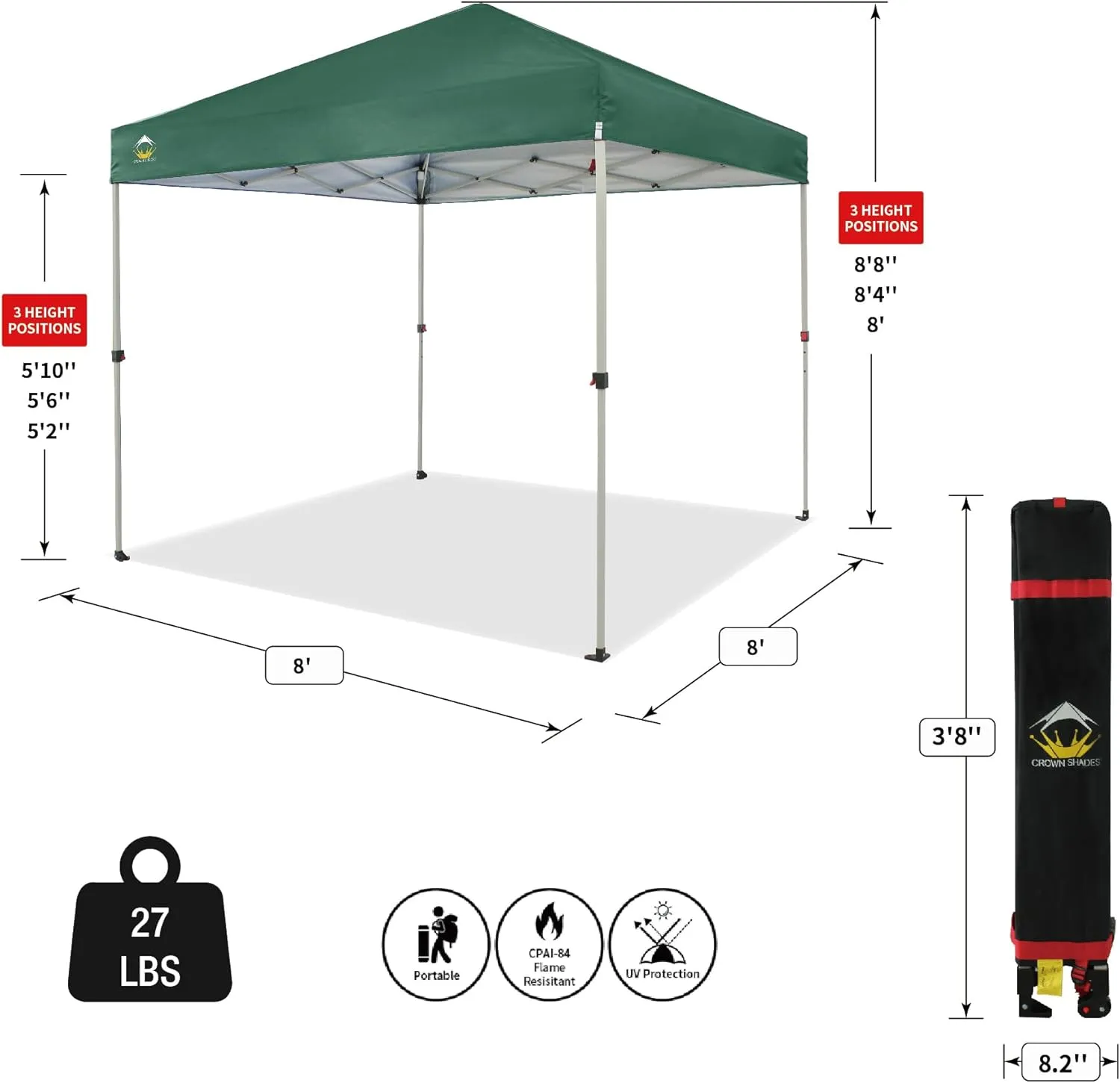 CROWN SHADES 8x8 Pop Up Canopy - Beach Tent with One Push Setup - Easy Outdoor Sun Shade for Events, Parties, Camping - Gazebo with STO-N-Go Cover Bag, Silver Coated Top, Forest Green
