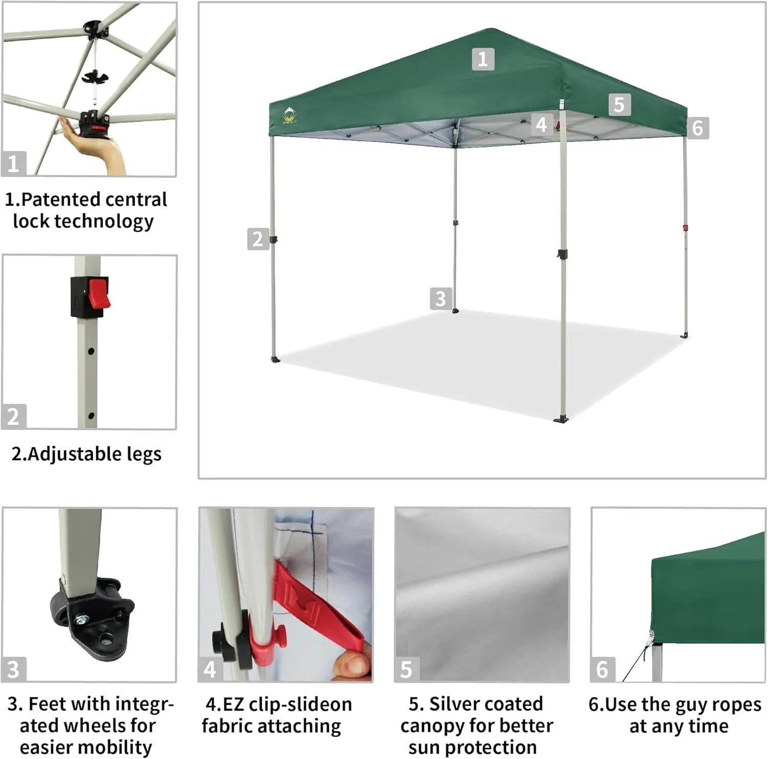 CROWN SHADES 8x8 Pop Up Canopy - Beach Tent with One Push Setup - Easy Outdoor Sun Shade for Events, Parties, Camping - Gazebo with STO-N-Go Cover Bag, Silver Coated Top, Forest Green