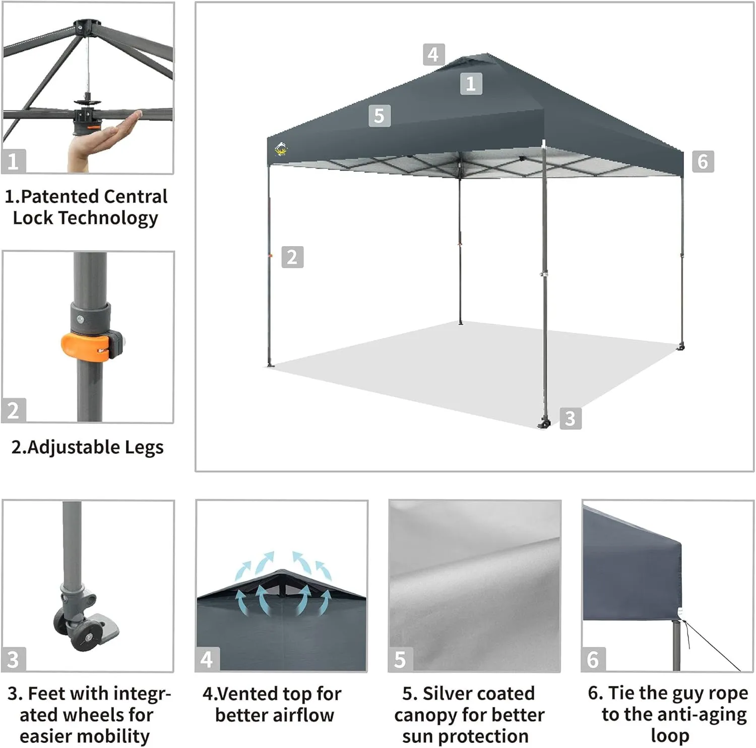 CROWN SHADES Adjustable Height on The Fly, 10x10 Pop Up Canopy - Beach Tent with One Push Setup - Easy Outdoor Sun Shade for Events, Parties, Camping - Outside Shade with STO-N-Go Bag, Grid Grey