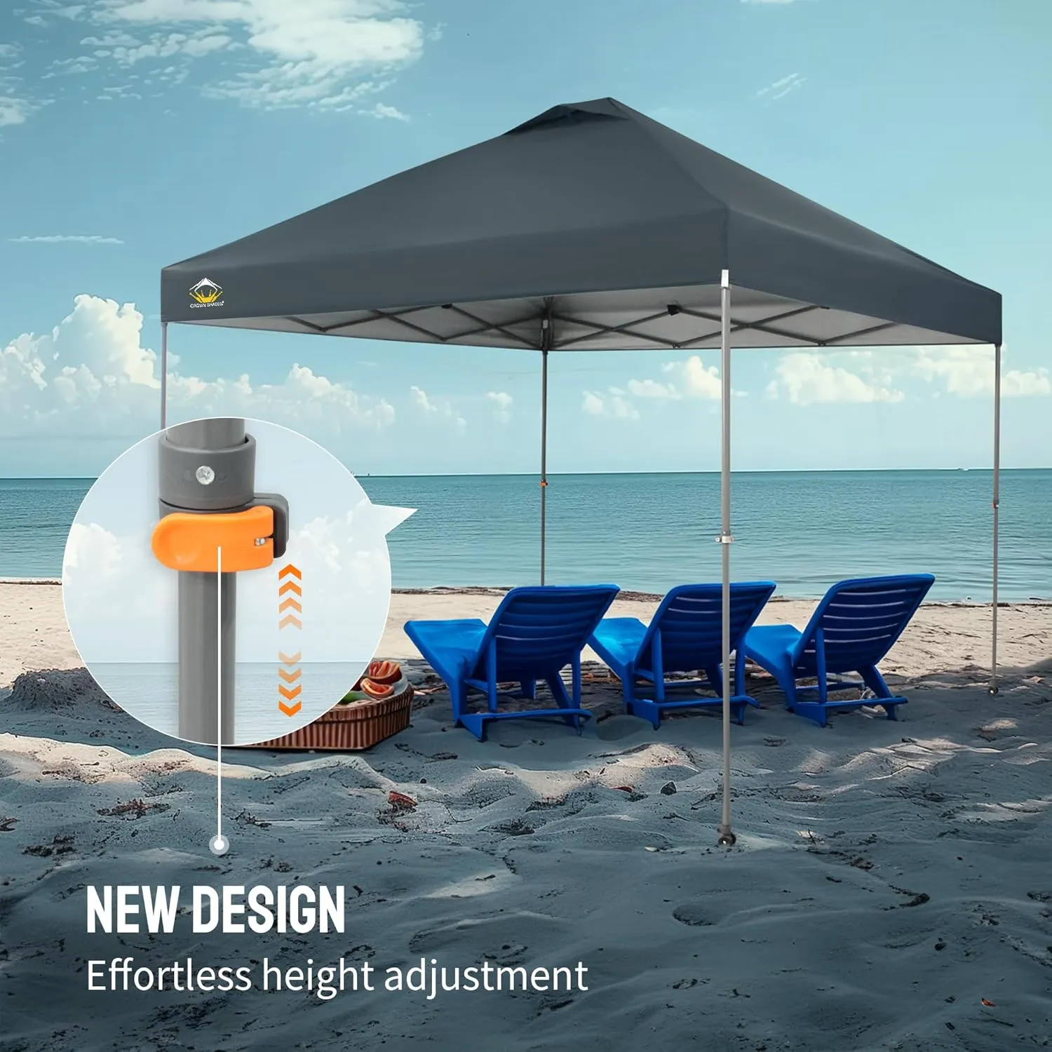 CROWN SHADES Adjustable Height on The Fly, 10x10 Pop Up Canopy - Beach Tent with One Push Setup - Easy Outdoor Sun Shade for Events, Parties, Camping - Outside Shade with STO-N-Go Bag, Grid Grey