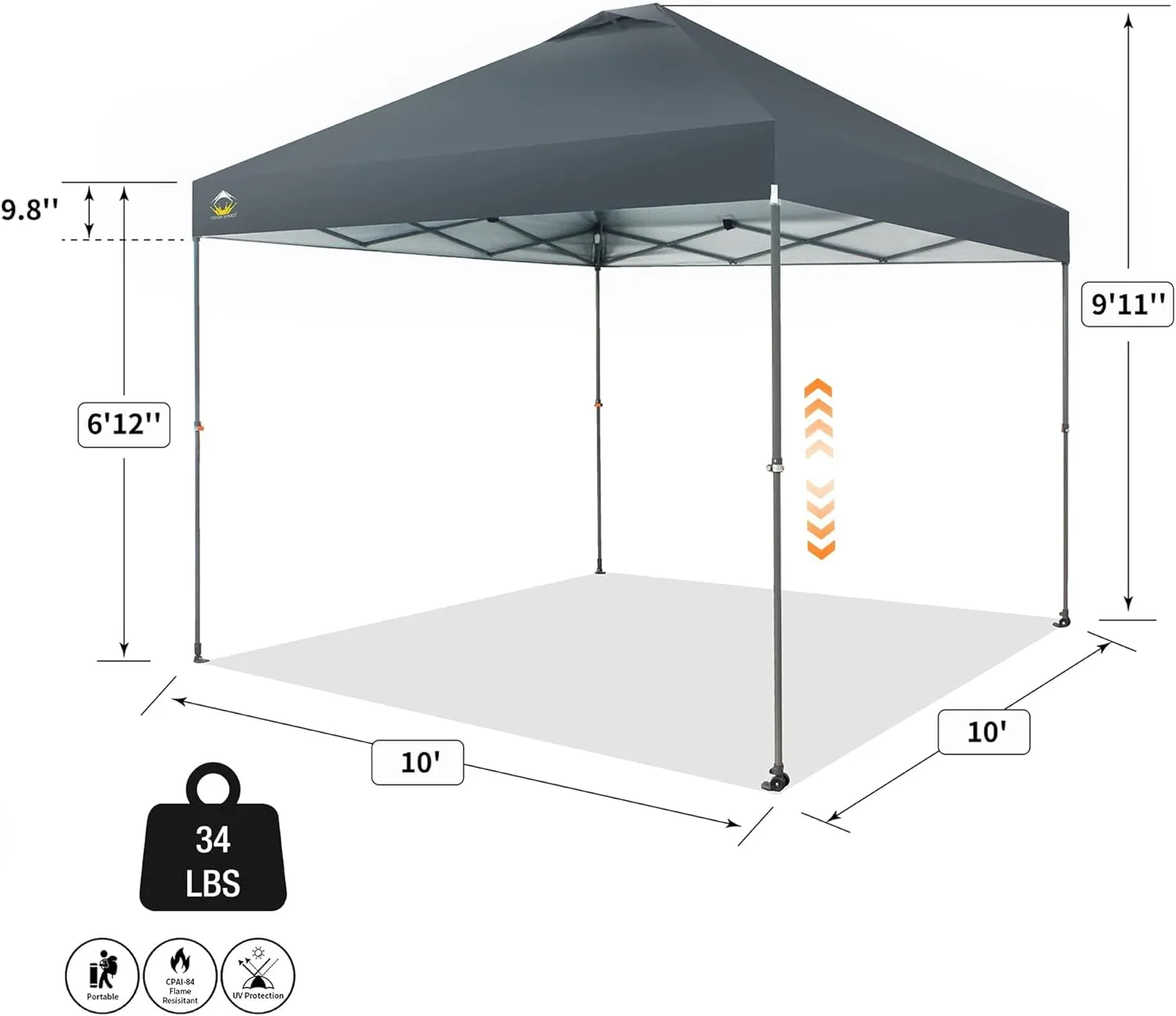 CROWN SHADES Adjustable Height on The Fly, 10x10 Pop Up Canopy - Beach Tent with One Push Setup - Easy Outdoor Sun Shade for Events, Parties, Camping - Outside Shade with STO-N-Go Bag, Grid Grey