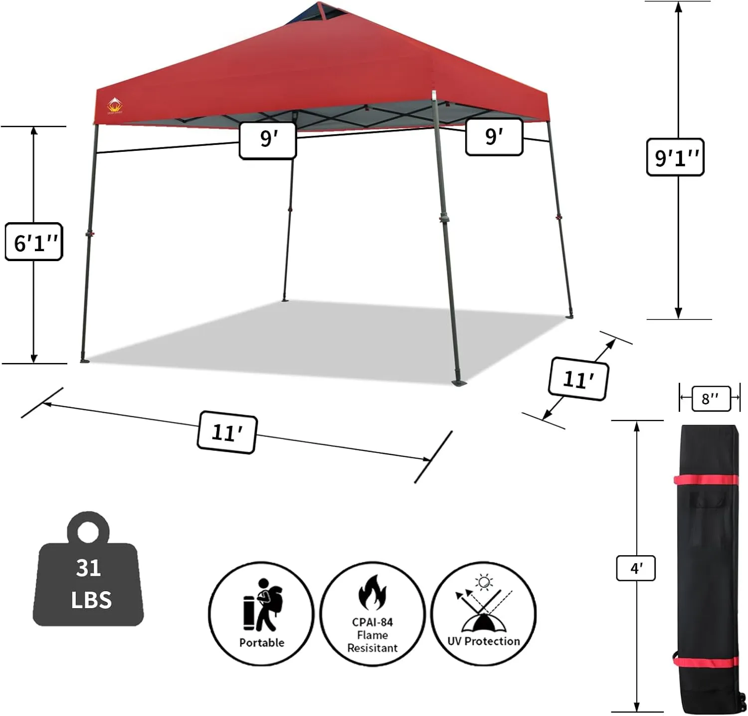 CROWN SHADES Pop Up Canopy - 11x11 Base Canopy Tent with One Push Setup - Pop Up Tent for Events, Parties, Camping - Gazebo with STO-N-Go Cover Bag, Silver Coated 9x9 Top, Red