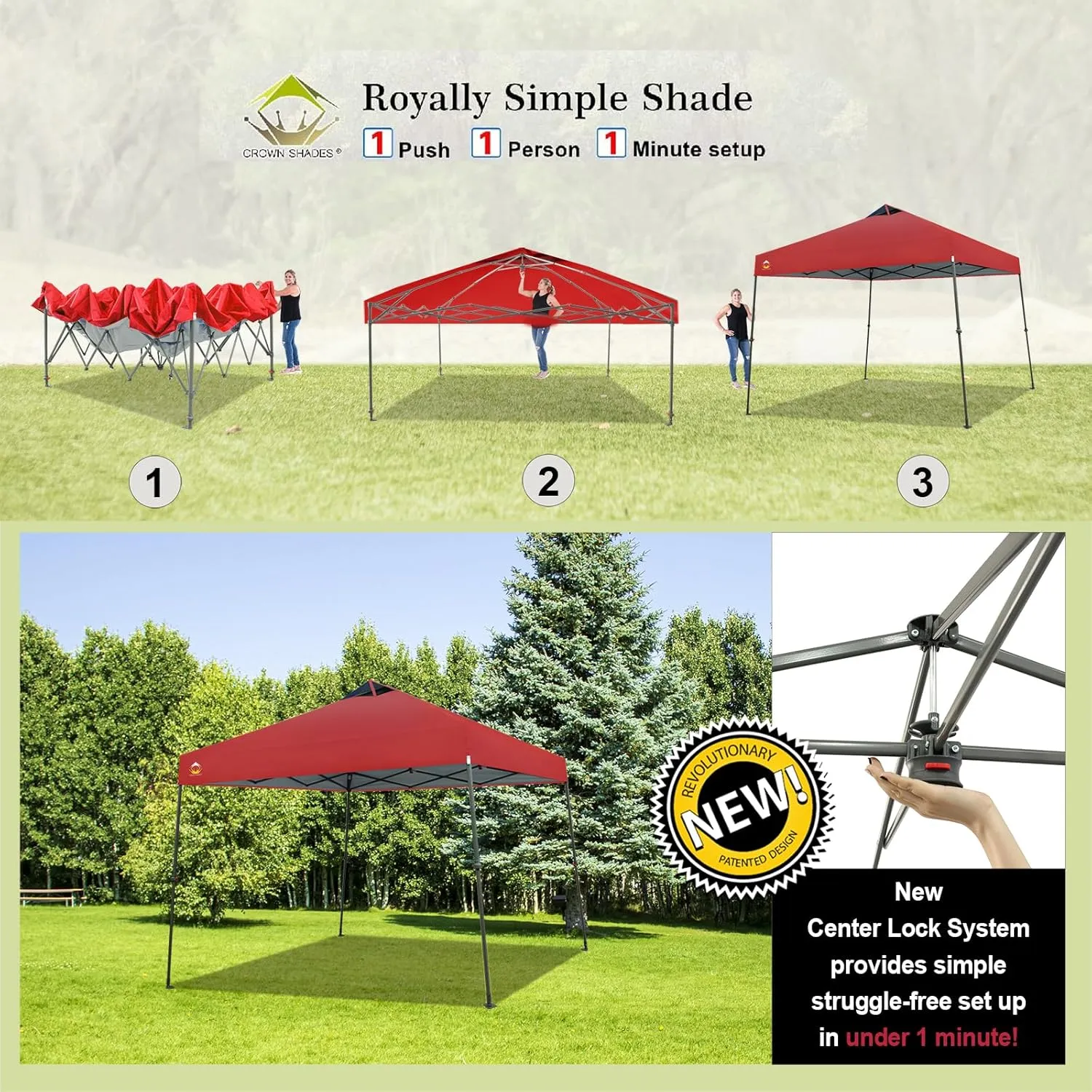 CROWN SHADES Pop Up Canopy - 11x11 Base Canopy Tent with One Push Setup - Pop Up Tent for Events, Parties, Camping - Gazebo with STO-N-Go Cover Bag, Silver Coated 9x9 Top, Red