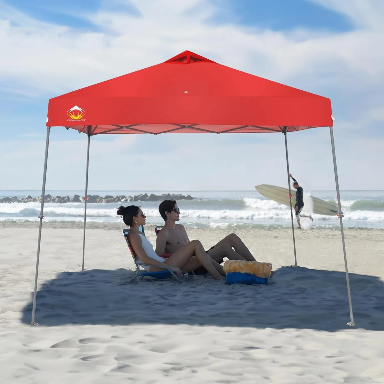 CROWN SHADES Pop Up Canopy - 11x11 Base Canopy Tent with One Push Setup - Pop Up Tent for Events, Parties, Camping - Gazebo with STO-N-Go Cover Bag, Silver Coated 9x9 Top, Red